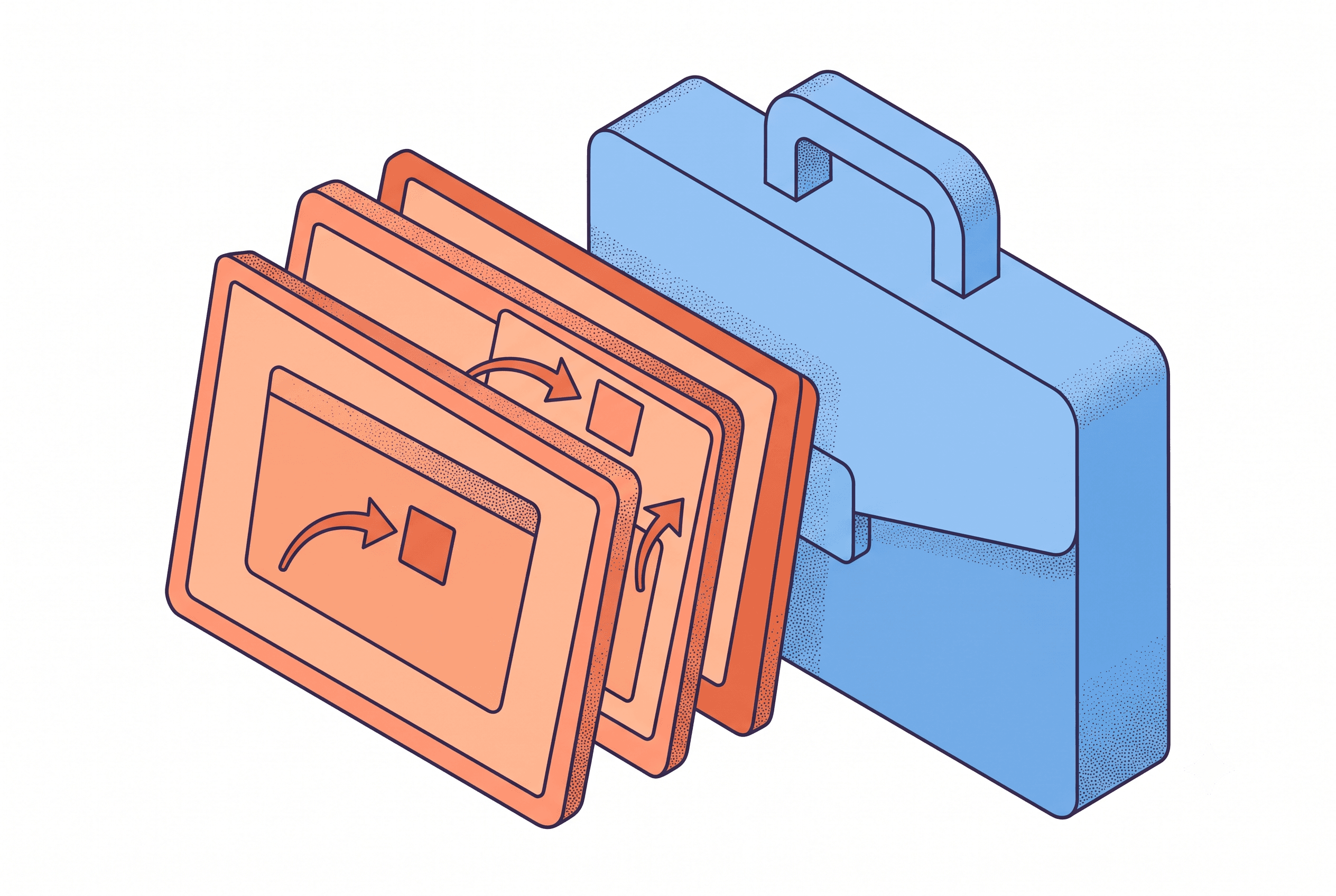 Isometric line-and-stipple illustration of stacked feature card graphics beside a briefcase icon, representing feature card design principles for agencies