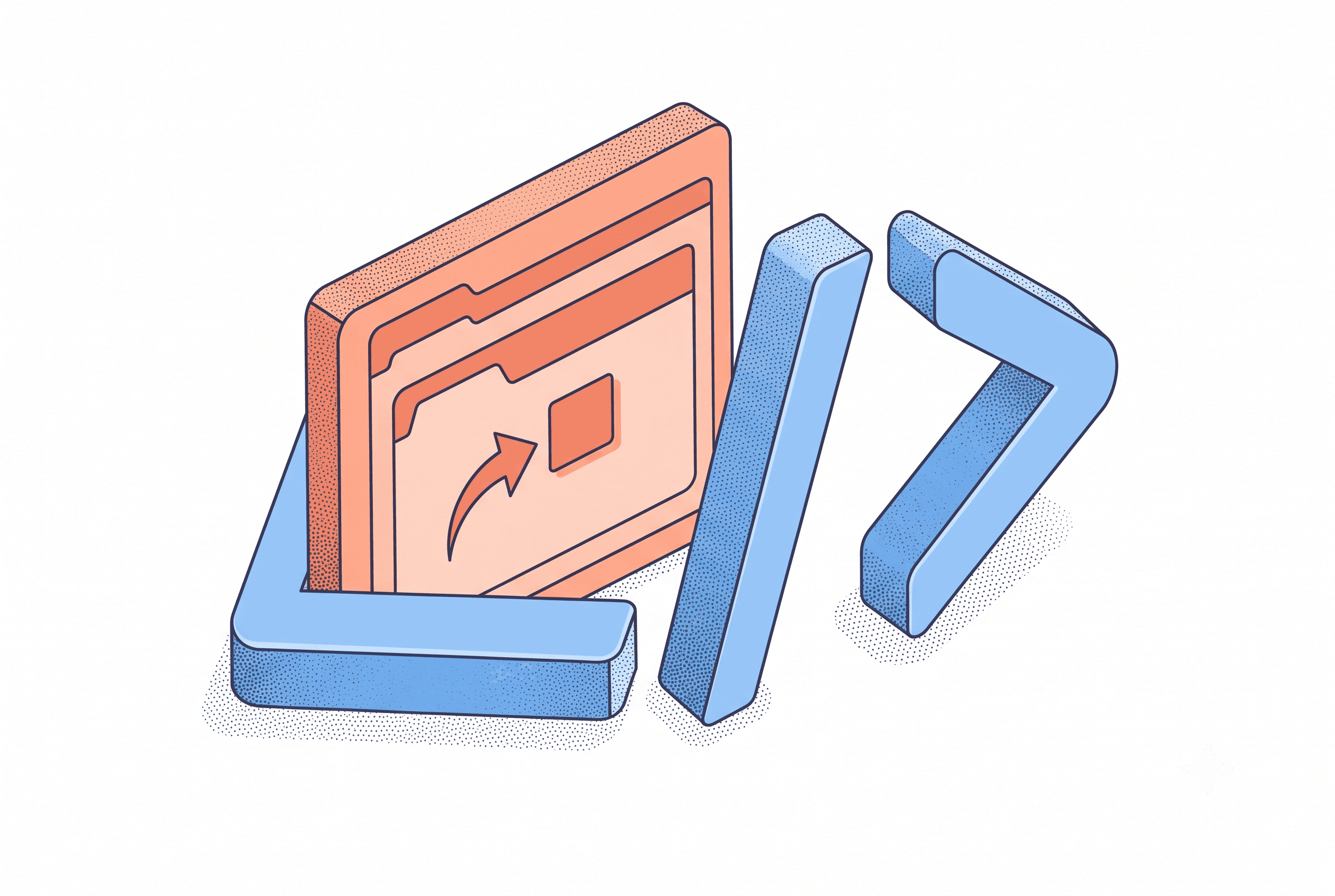 Isometric line-and-stipple illustration of stacked feature card graphics, representing feature card design principles for solo indie makers