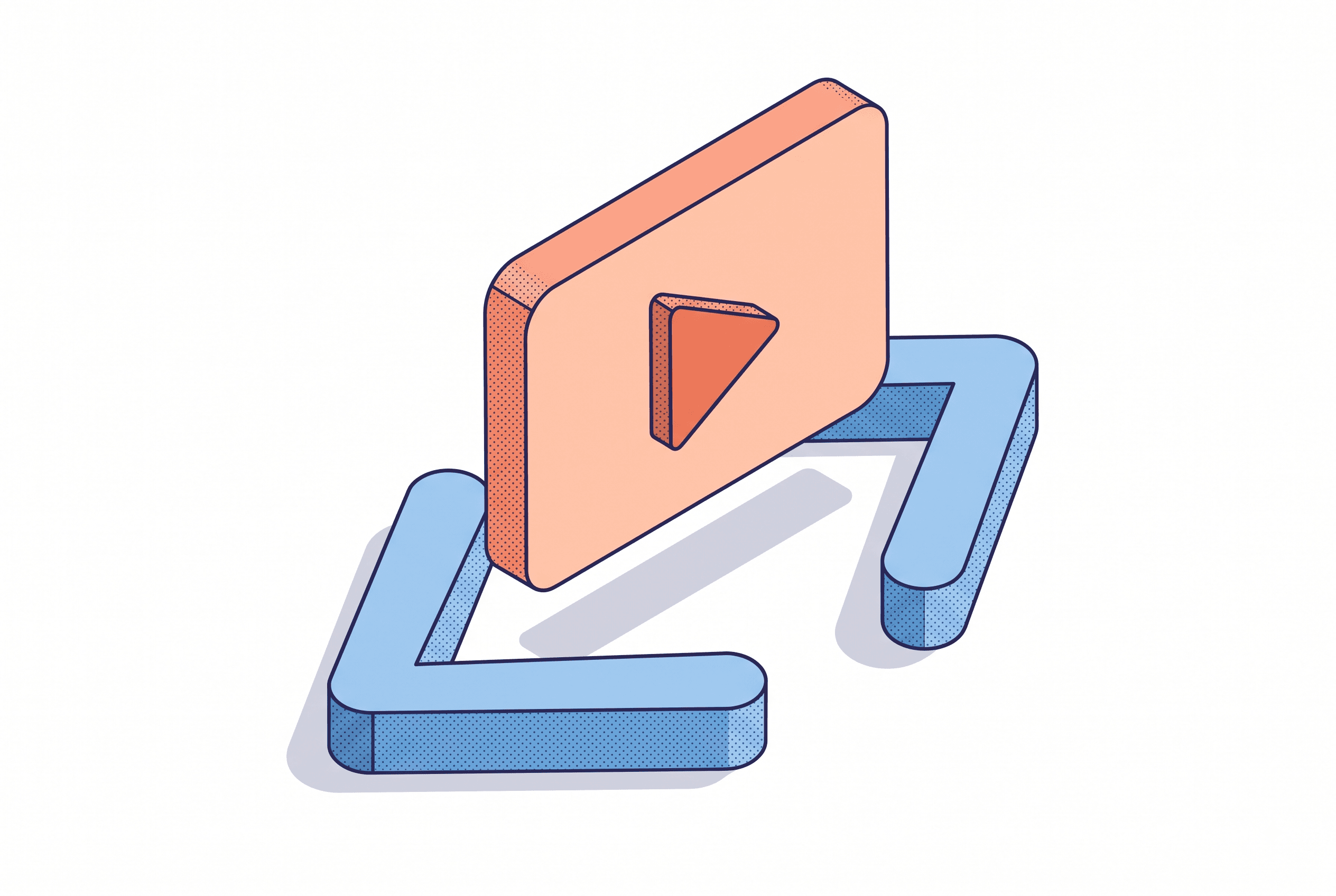 Isometric line-and-stipple illustration of a coral video play button next to a blue launch arrow, representing Product Hunt launch video examples worth studying