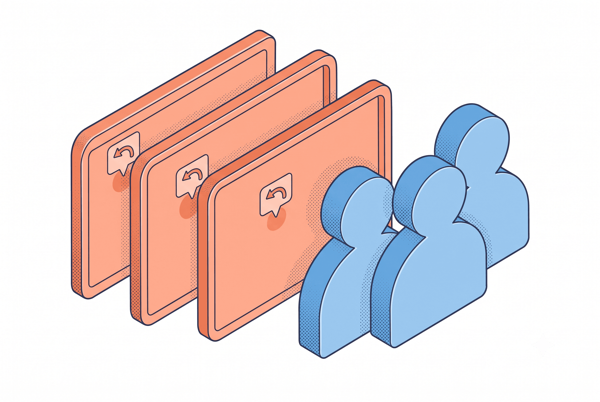 Isometric line-and-stipple illustration representing an AI listing image generator producing feature cards across a five-product agency refresh