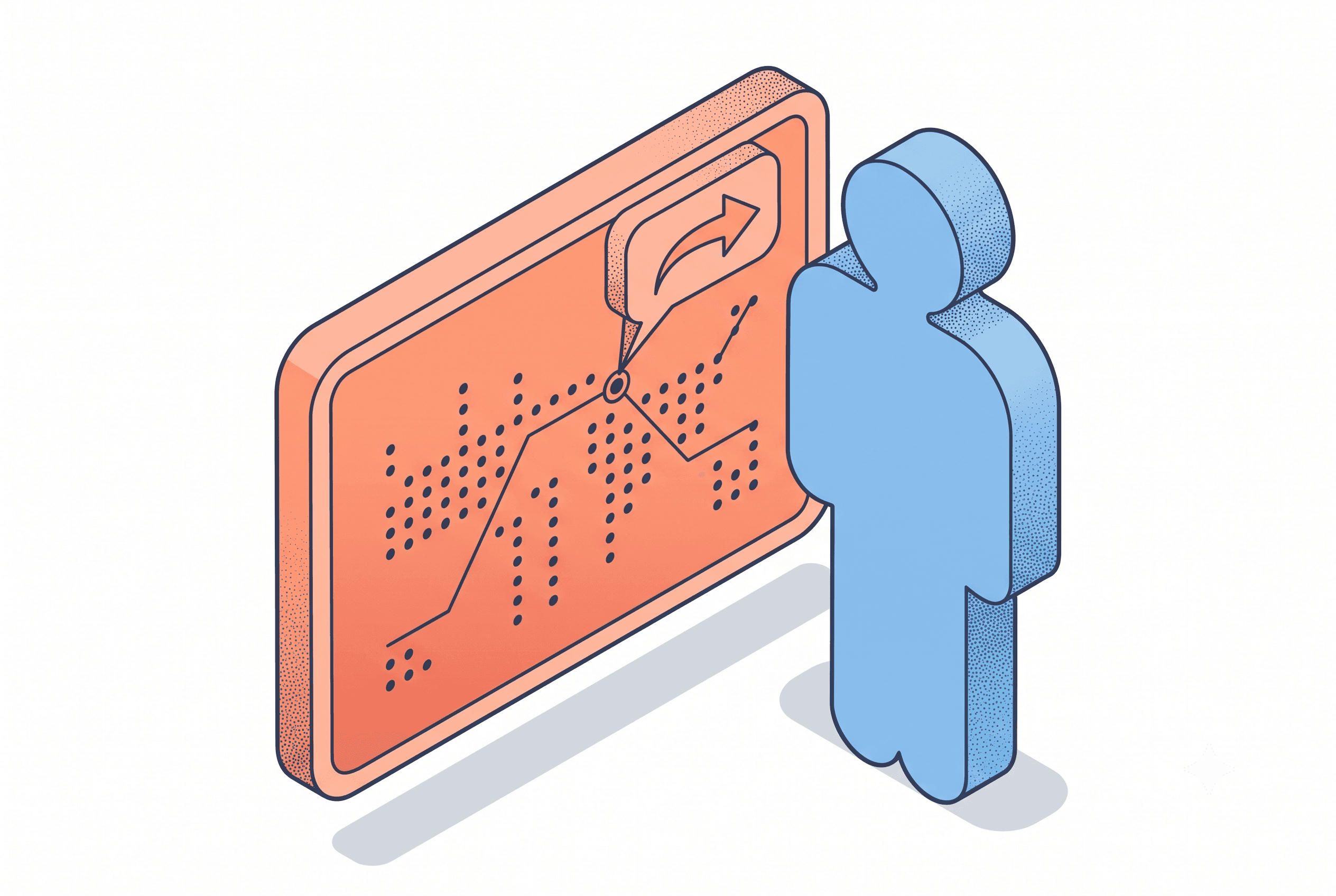 Isometric line-and-stipple illustration representing an AI listing image generator producing a feature card for a solo indie maker launching alone