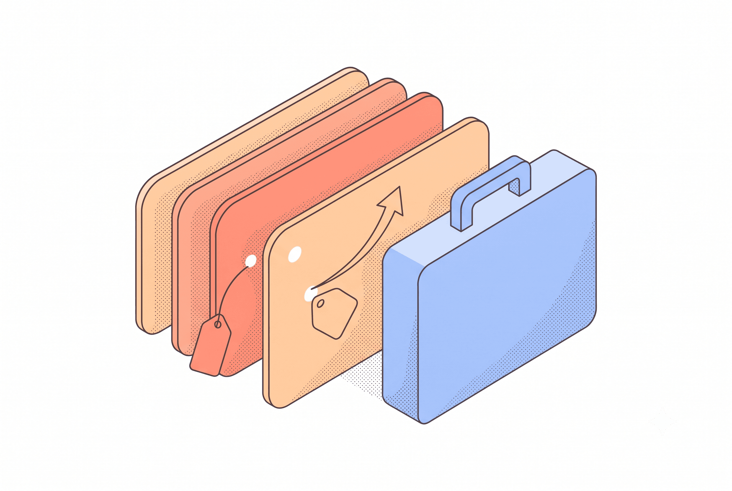 Isometric line-and-stipple illustration of a feature card cluttered with sticky-note-style callout labels, representing overloaded annotation design for agencies