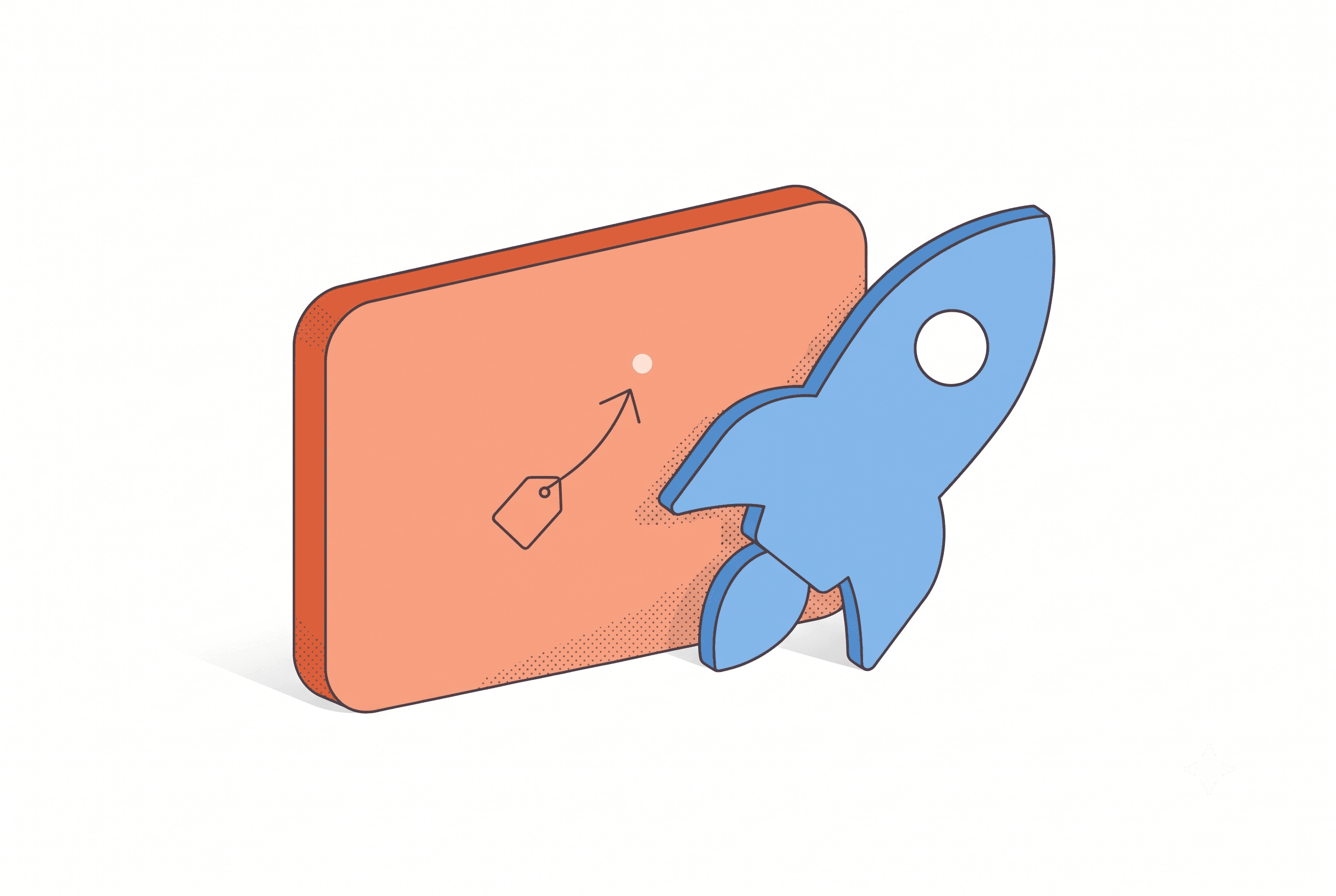 Isometric line-and-stipple illustration of a feature card cluttered with sticky-note-style callout labels, representing overloaded annotation design for indie makers