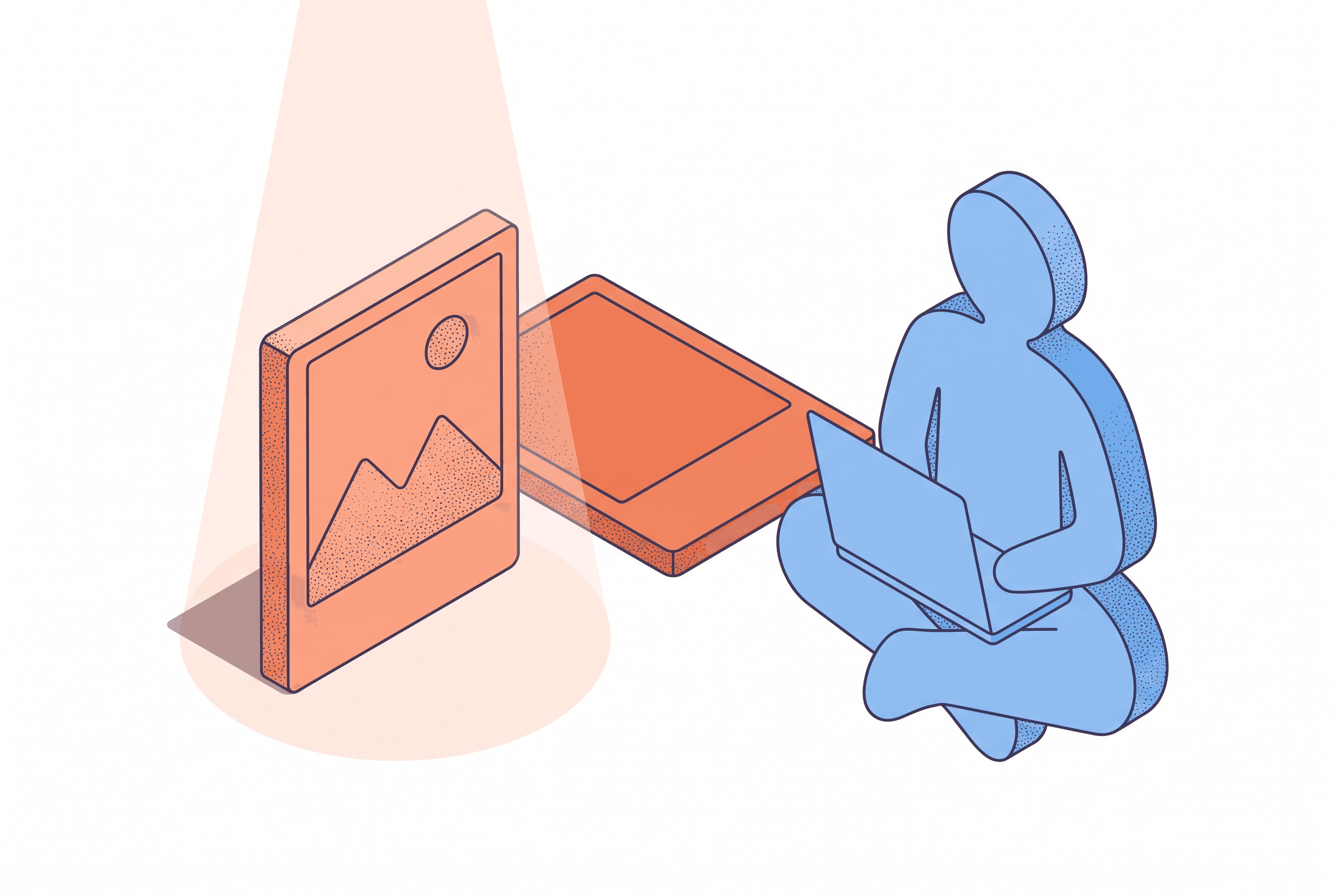Isometric line-and-stipple illustration representing a Gumroad listing conversion diagnostic for indie makers