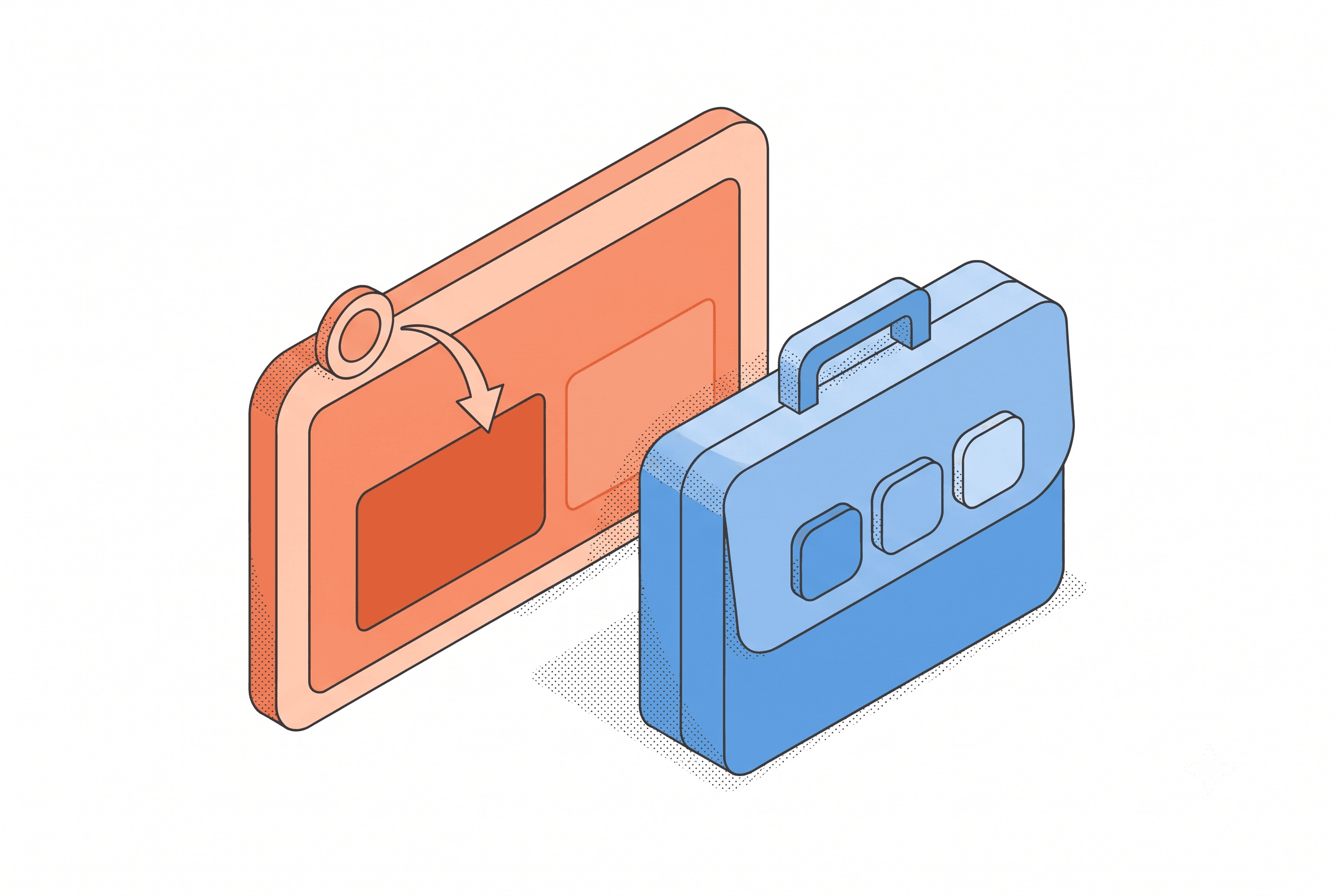 Isometric line-and-stipple illustration comparing a plain device mockup against an annotated feature card for an agency's Notion template listing