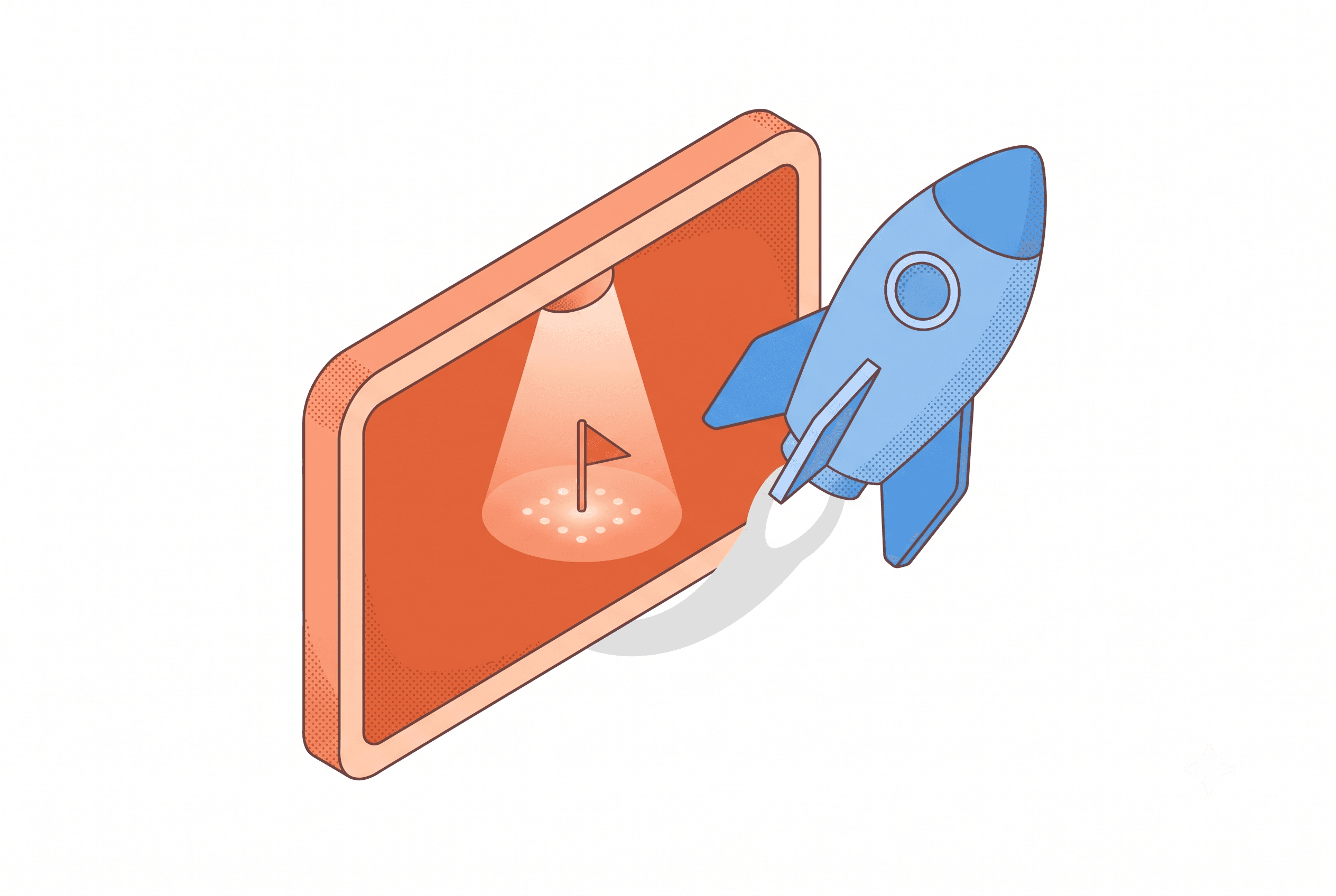 Isometric line-and-stipple illustration comparing a plain device mockup against an annotated feature card for a solo maker's launch page
