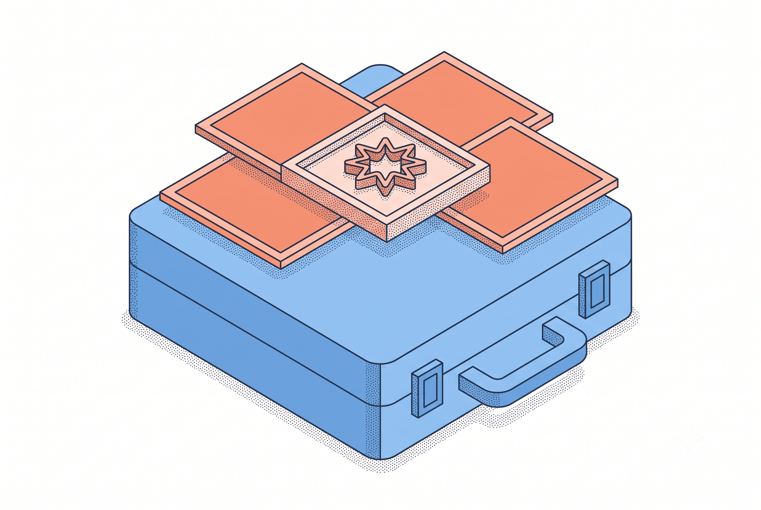 Isometric line-and-stipple illustration representing the Notion Marketplace listing grid and ranking factors for agencies running multiple templates