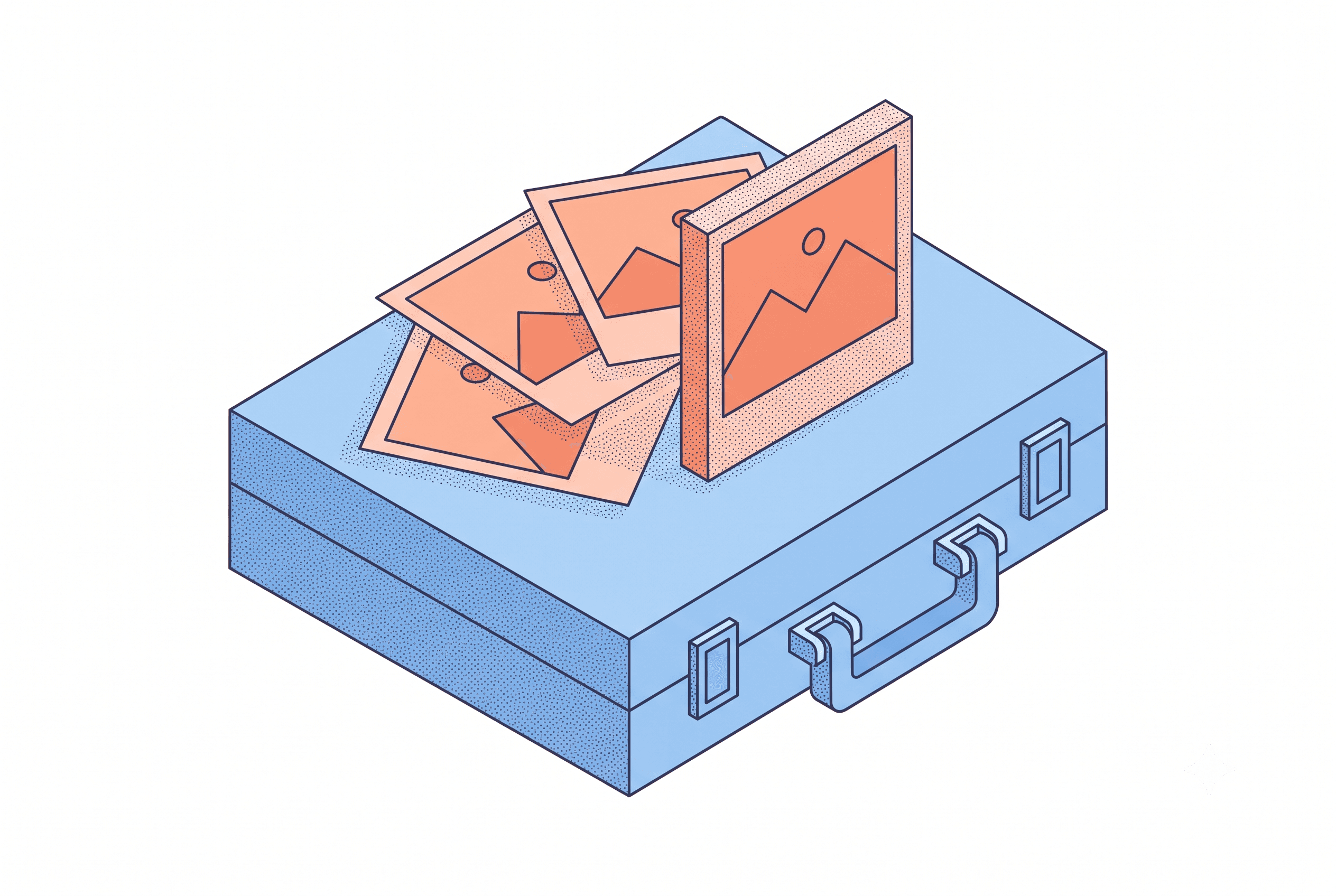 Isometric line-and-stipple illustration representing the Notion Marketplace listing grid and thumbnail ranking for a solo template maker