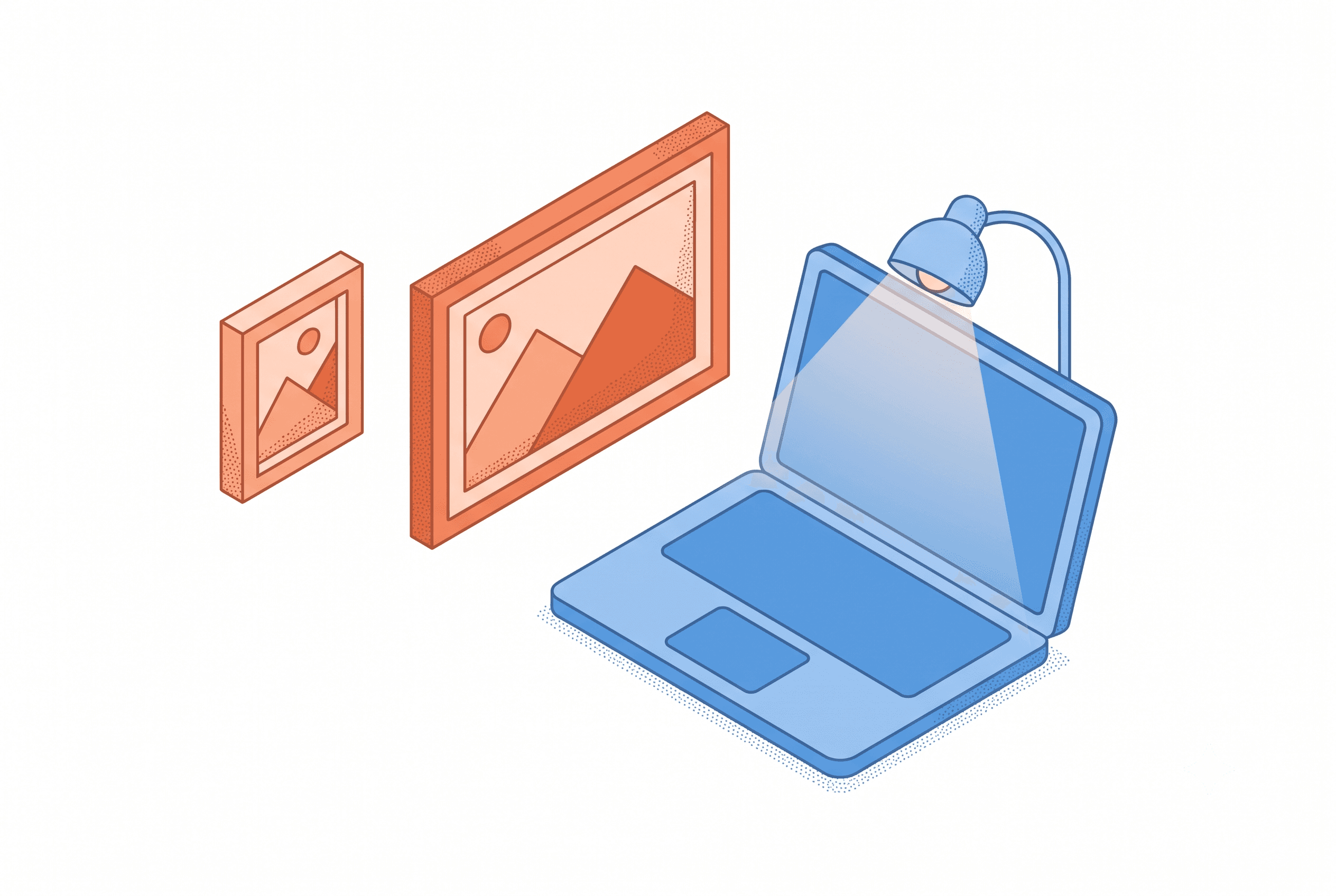 Isometric line-and-stipple illustration representing common Product Hunt gallery and thumbnail composition mistakes for a solo launch