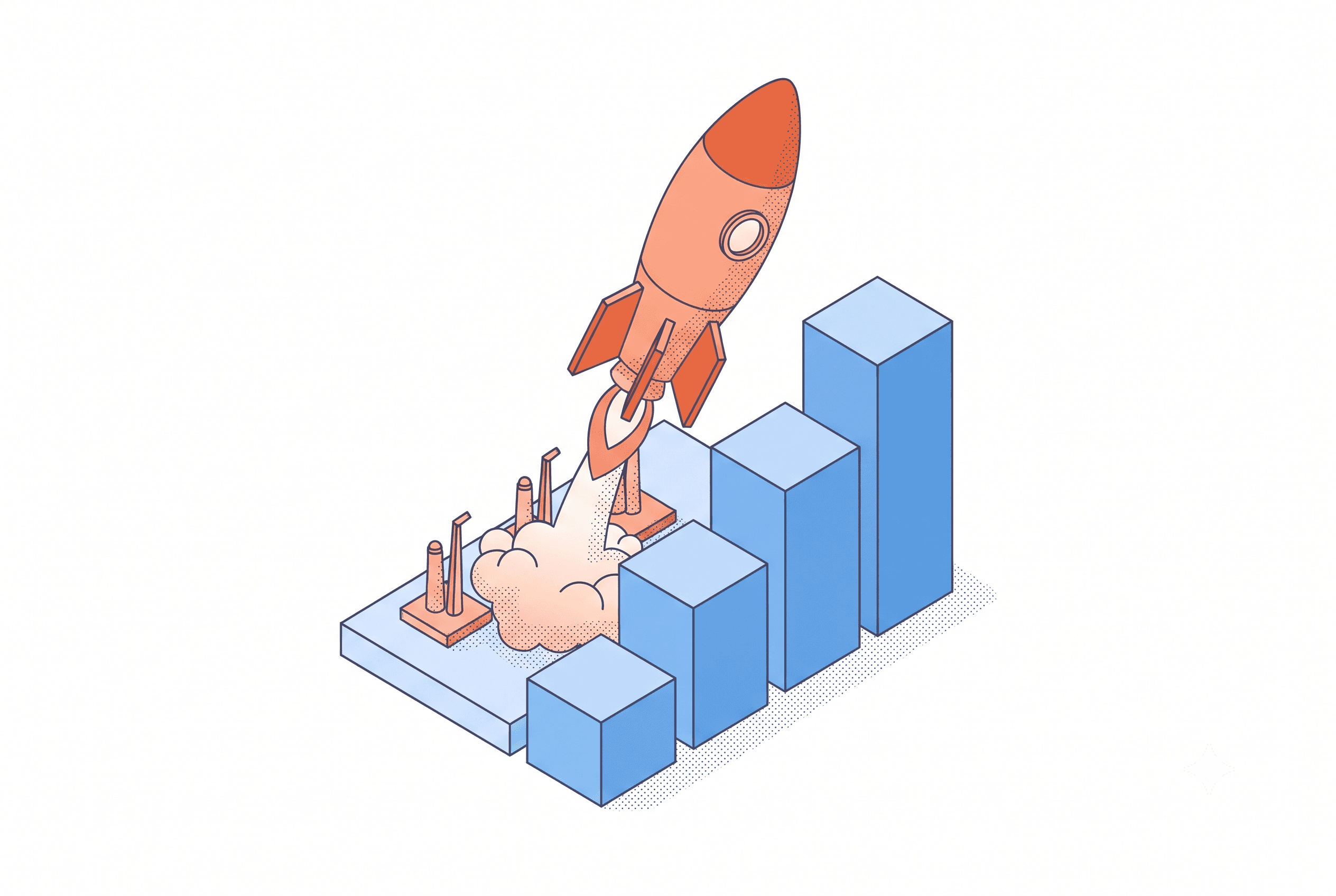 Isometric line-and-stipple illustration representing the SEO backlink value of a Product Hunt launch for agencies