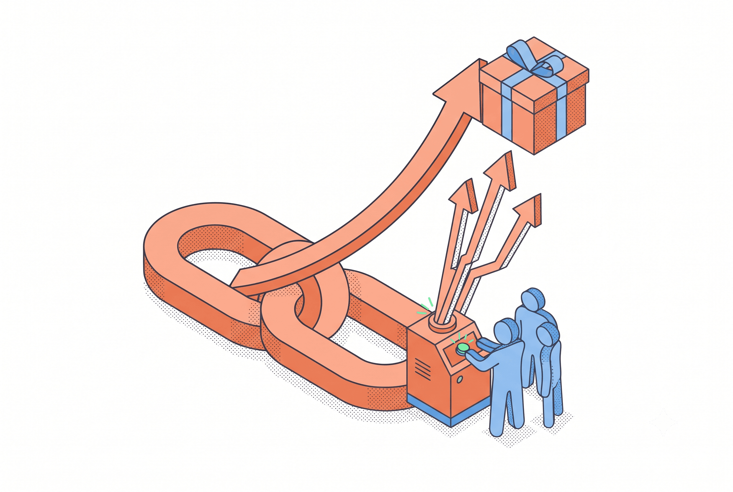 Isometric line-and-stipple illustration representing the SEO backlink value of a Product Hunt launch for indie makers