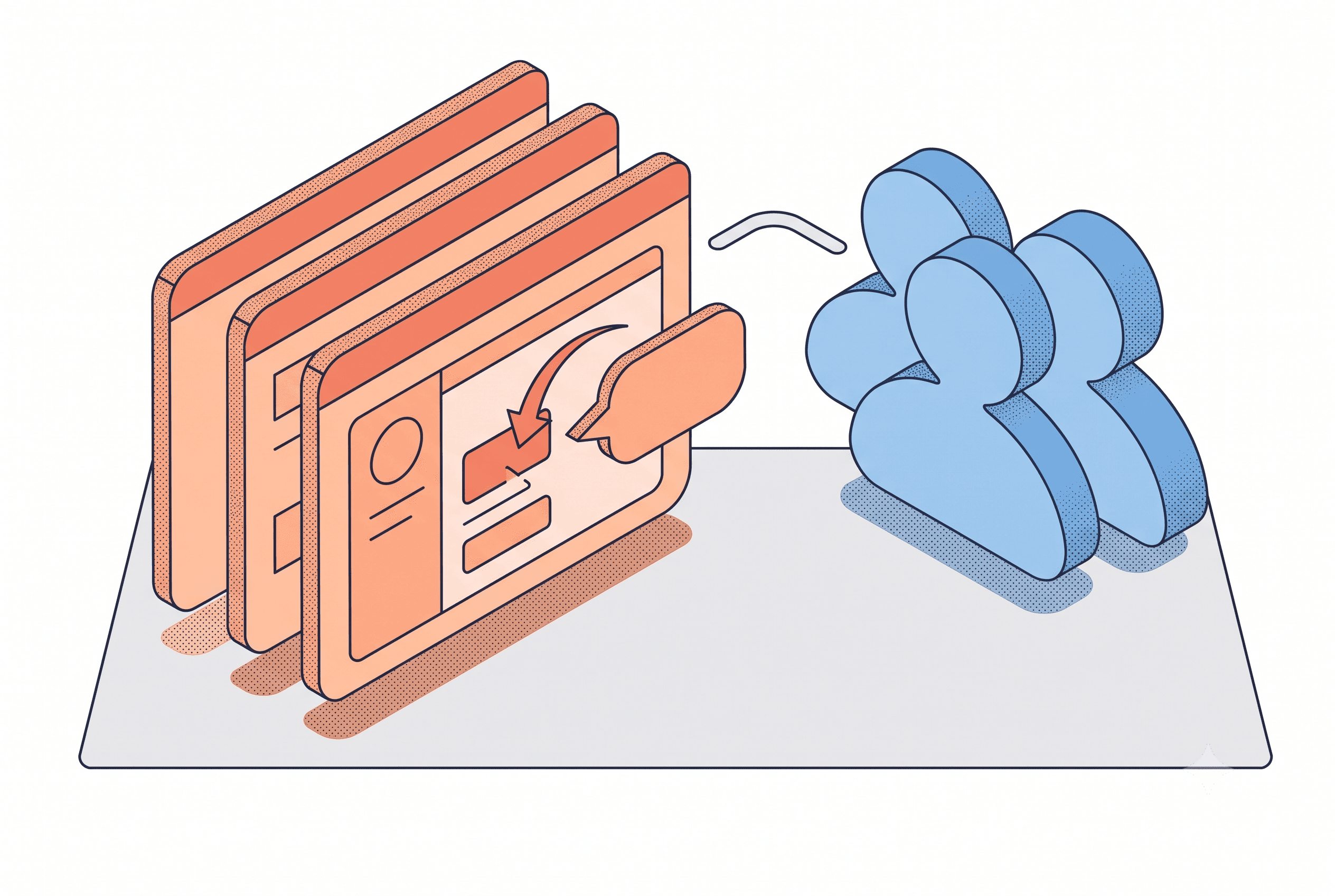 Isometric line-and-stipple illustration comparing screenshot beautifier, annotator, and feature card generator tool categories for agencies