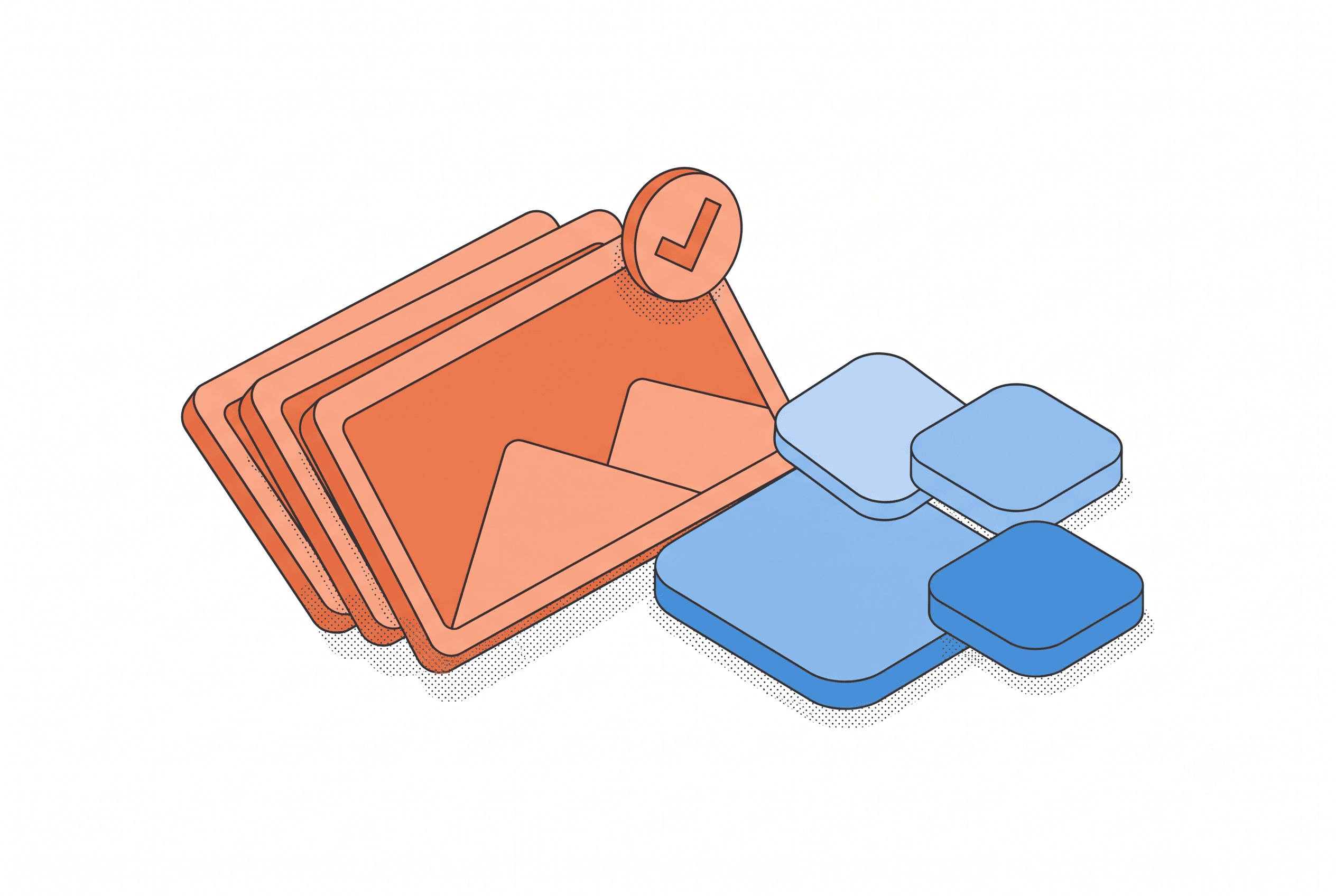 Isometric line-and-stipple illustration representing a Shopify App Store listing checklist for agencies managing multiple app listings