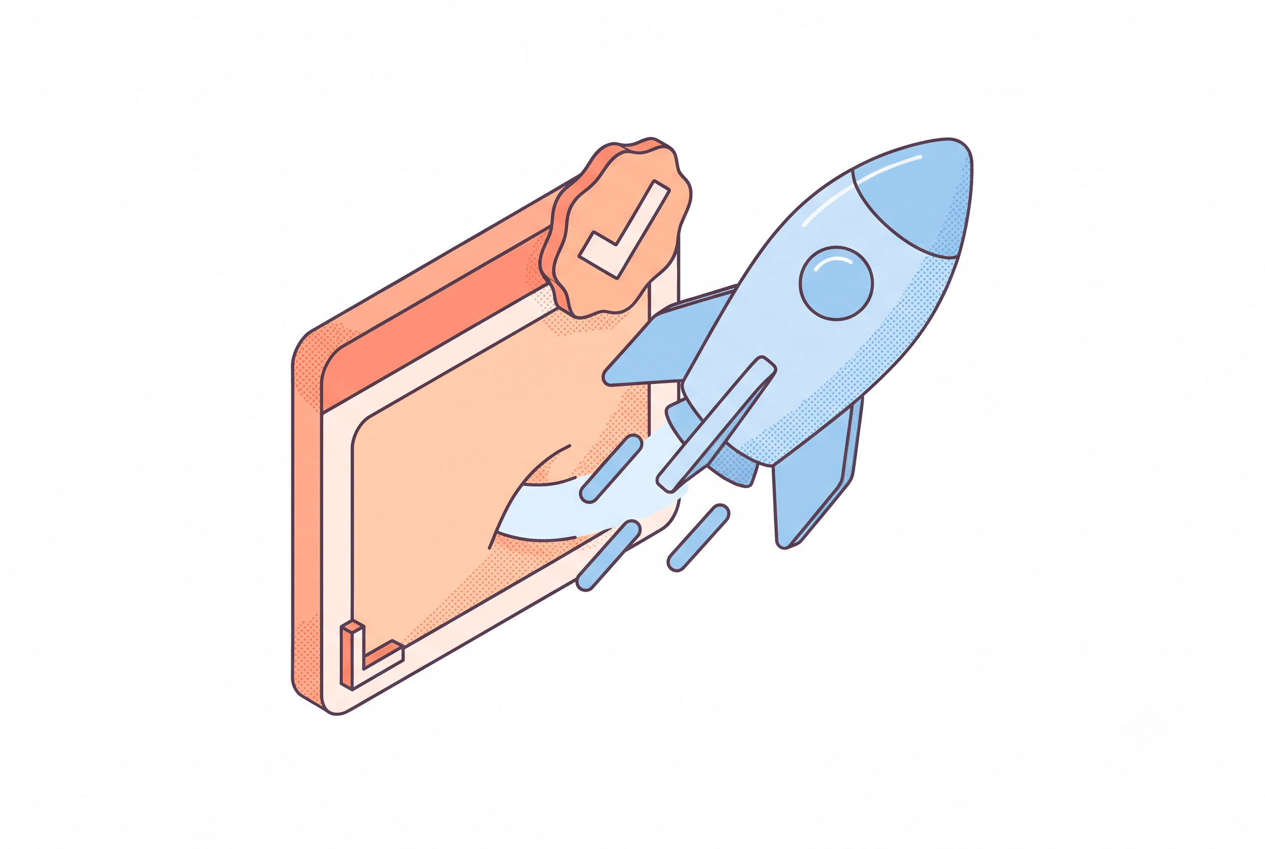 Isometric line-and-stipple illustration representing a Shopify App Store listing checklist for a solo maker's first submission