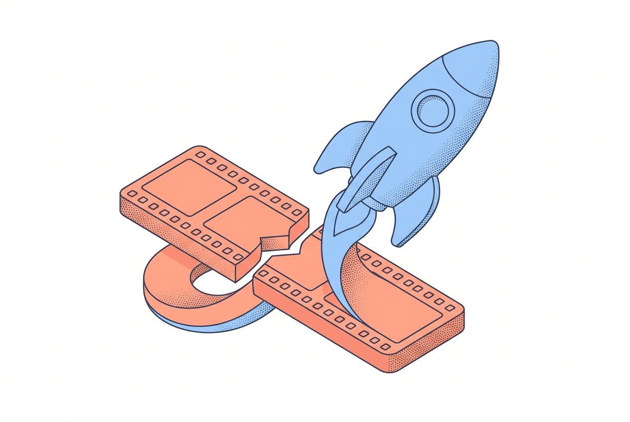 Isometric line-and-stipple illustration of a blue rocket launching through a torn coral film strip, representing a startup explainer video launch